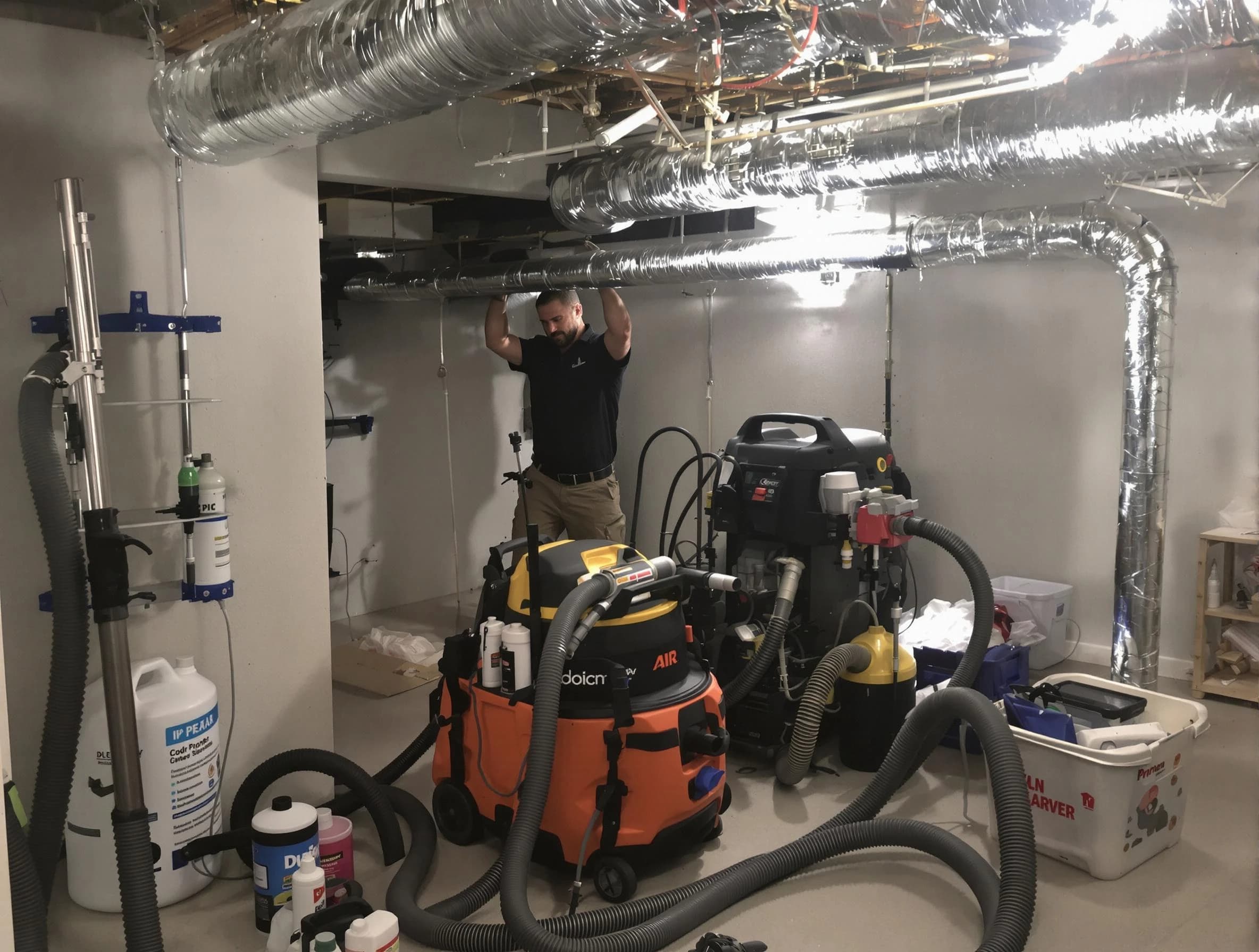 Gloucester Air Duct Cleaning specialist performing professional mold removal from air ducts using safety equipment in Gloucester